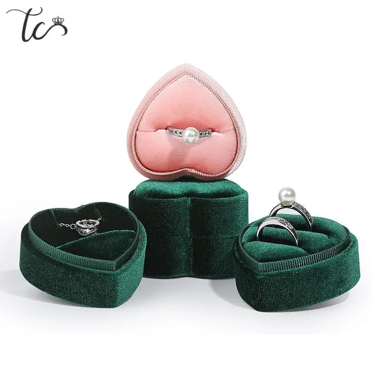 Joyero en forma de corazón rosa/verde, 1 piezas, organizador de pana para anillos y colgantes, cajas simples de almacenamiento de joyas