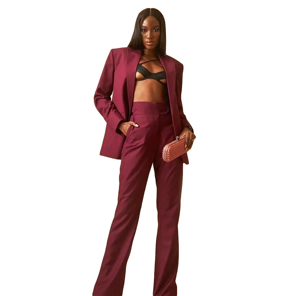 Classic Women Burgundy Suits Custom Made Peaked Lapel Loose Over Size Blazer Streetwear Outdoor Casual Daily Coat 2 Pieces