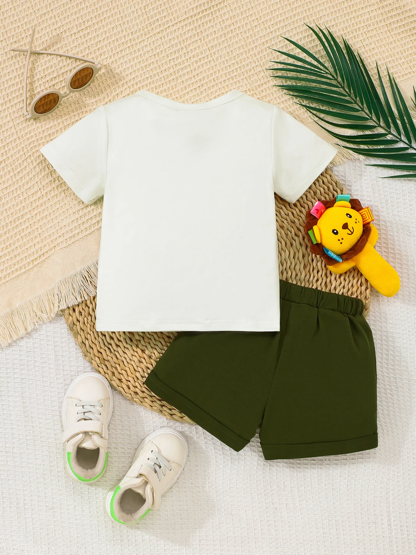 Adorable Trendy SS2026 Baby Boy Safari Animal Print Short Sleeve Tee & Olive Green Shorts 2pc Set (0-4Y): Soft, Comfy, Ideal for