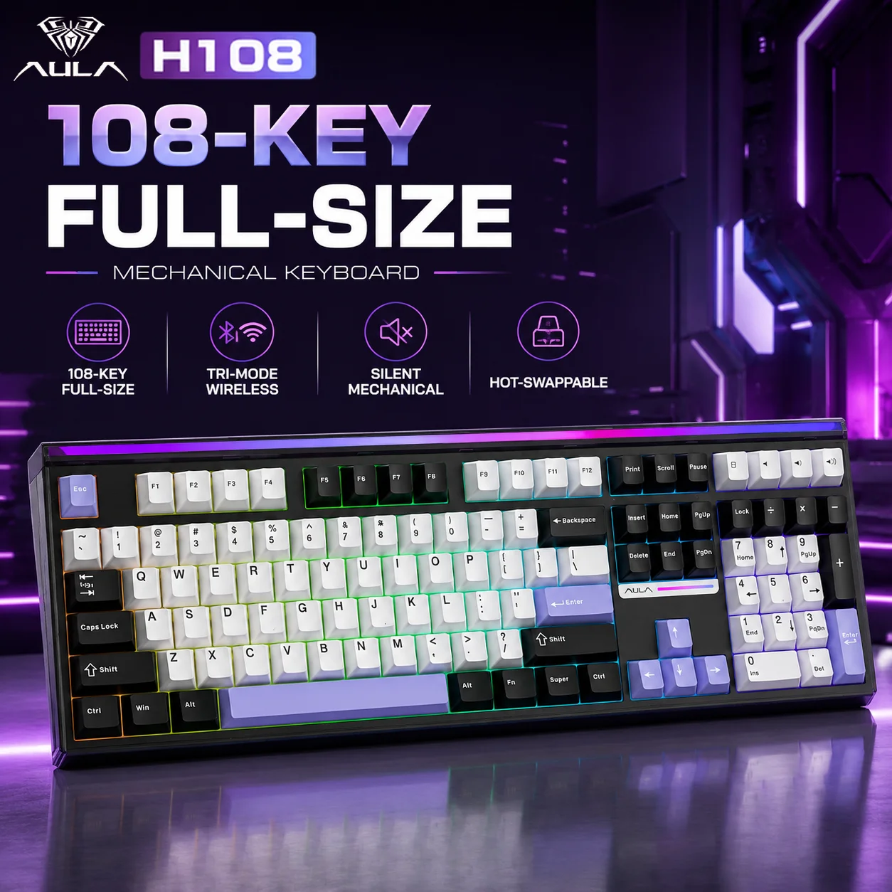 Pc Gaming Uk - Klawiatura mechaniczna AULA H108 Tri-Mode, 108