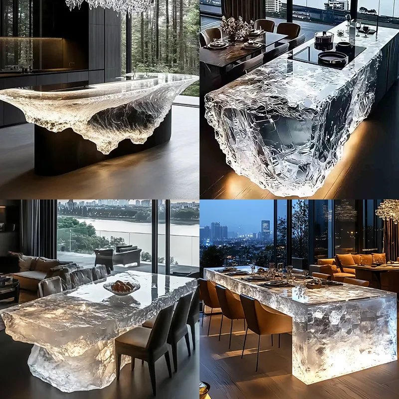 

Customizable light luxury transparent crystal luminous island high-end custom resin bar water ripple glacier tea dining table