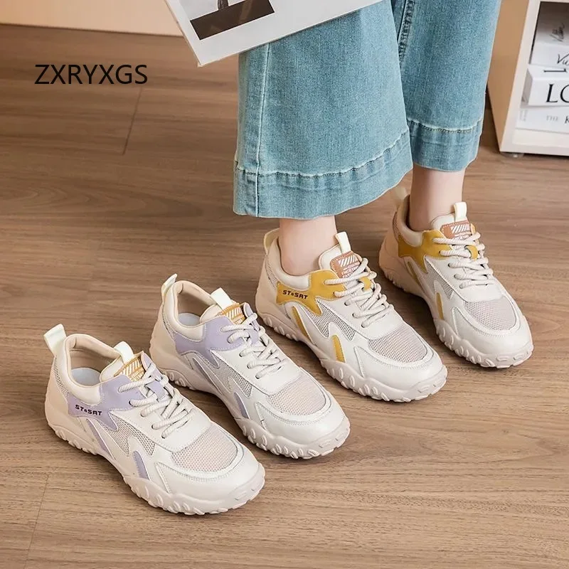 ZXRYXGS New Fashion Real Leather Mesh Sneakers 2026 Spell Colors Comfort Breathable Sneakers Sandals Flat Non-slip Trendy Shoes