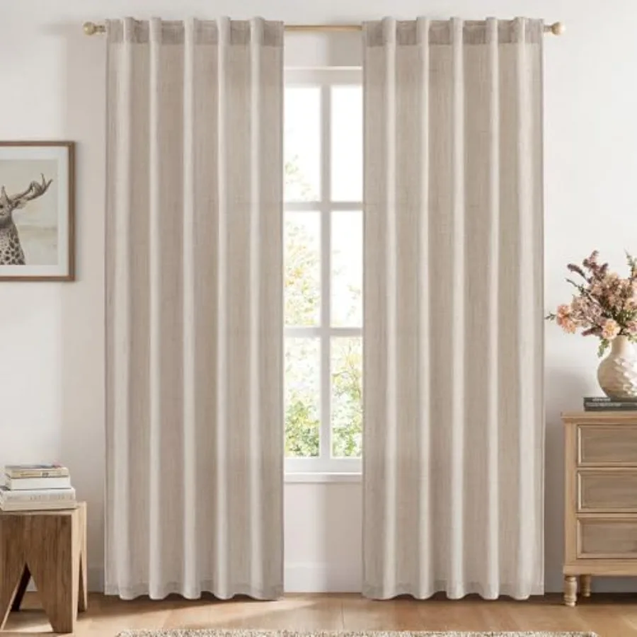 Faux Linen Curtains 84 Inch Length 2 Panels Natural Semi Sheer Curtain with Back Tab Rod Pocket, Light Filtering Window Privacy