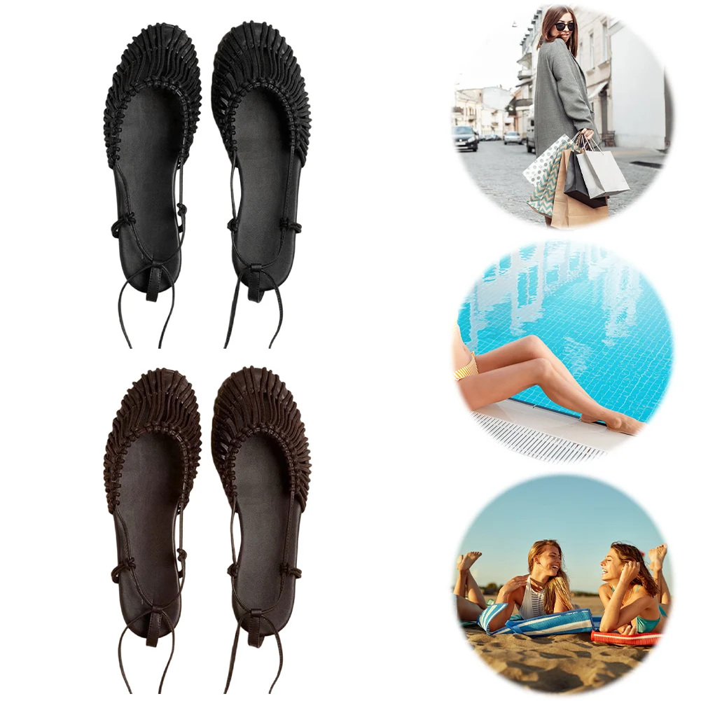 

Тканые сандалии с закрытым носком, женские сандалии с кожаным ремешком, повседневные сандалии на шнуровке, летняя римская обувь для отпуска