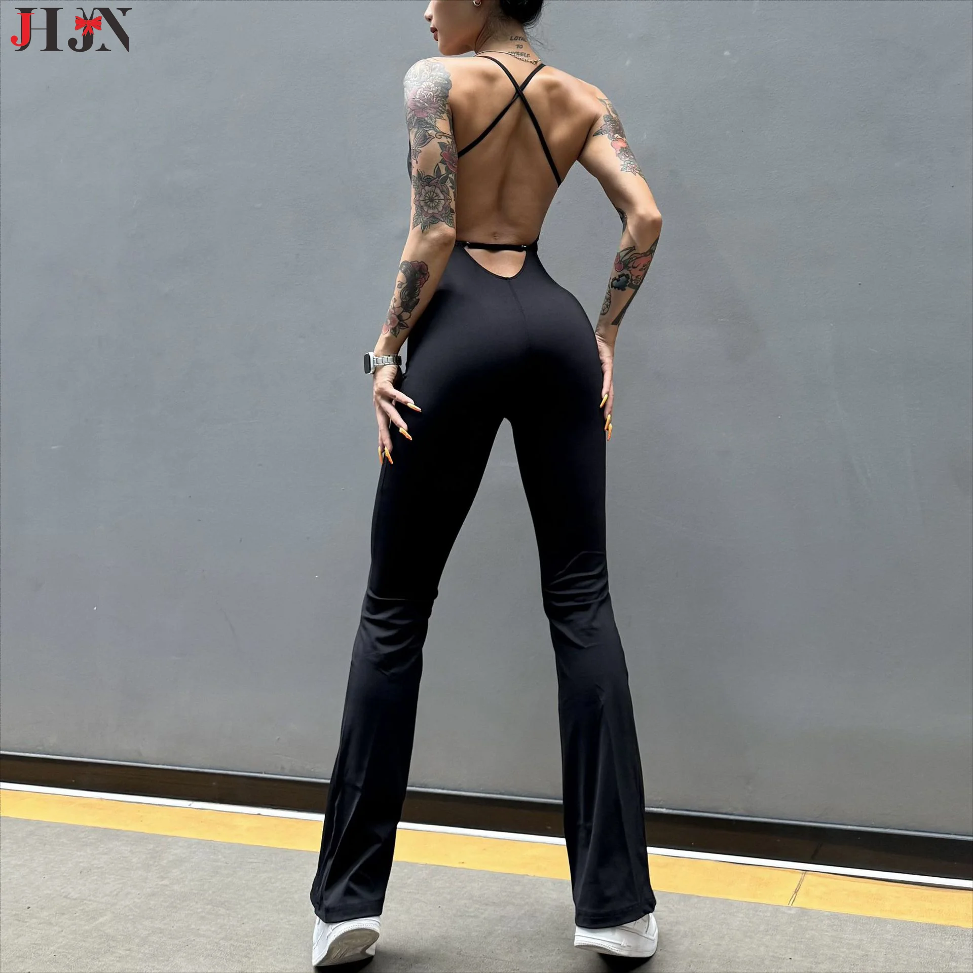 Women Sexy Backless Hollow Out Yoga Jumpsuit Tight Fitness Workout Bodysuit Slim Bootcut Naked Feeling Fabric High Elastic Sport