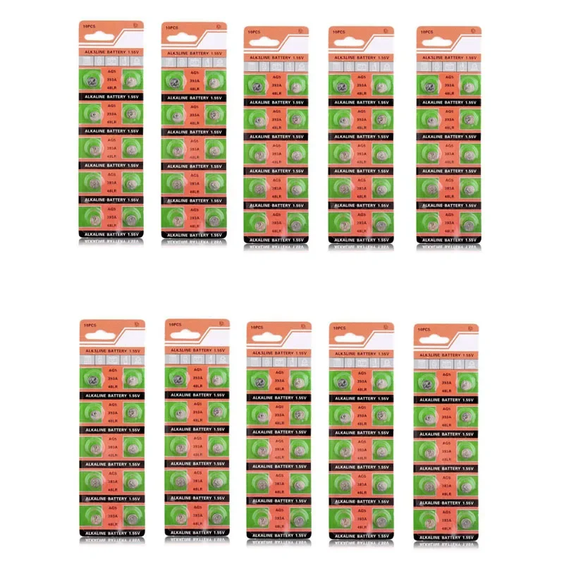 100pcs /10 Card 30mAh 1.55V AG5 G5 393A LR48 LR754 15 193 LR48 D309 399 RW28 AG 5 Button Cell Coin Battery For Watch Toys Remote