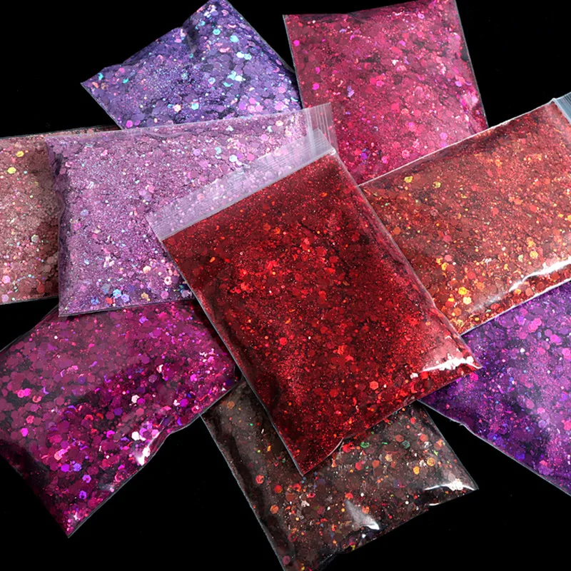 50g Bulk Holographic ผสมหกเหลี่ยมรูปร่าง Chunky เล็บ Glitter Silver Sequins เลเซอร์ Flakes สําหรับ DIY Party ตกแต่ง