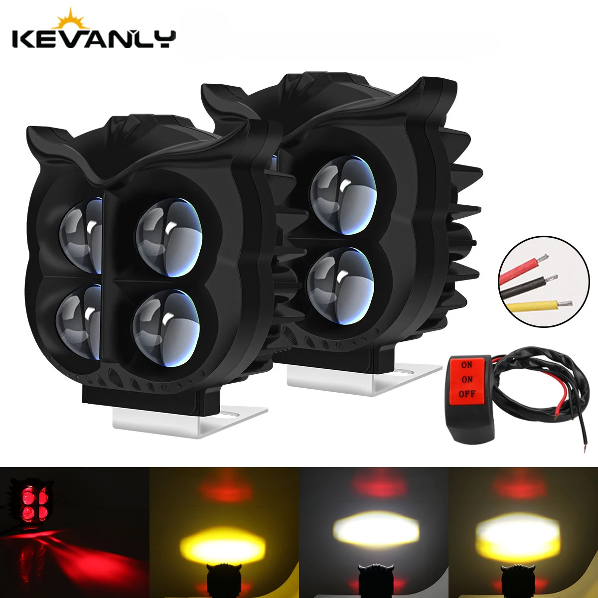 1/2PCS Motorcycle 4 Lens Laser LED Spotlight With Switch Super Bright External Auxiliary Headlight White Yellow Red Flash Lamp
