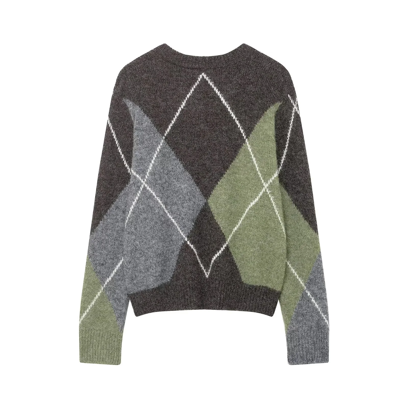 2025 Winter New Women's Sweet, Fashionable, Versatile Color-Blocked Long-Sleeved V-Neck Diamond Pattern Knit Sweater