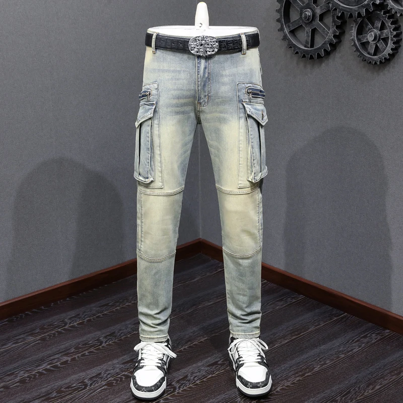 

Street Fashion Men Jeans Retro Washed Stretch Slim Fit Big Pocket Denim Cargo Pants Hombre Spliced Designer Hip Hop Biker Jeans