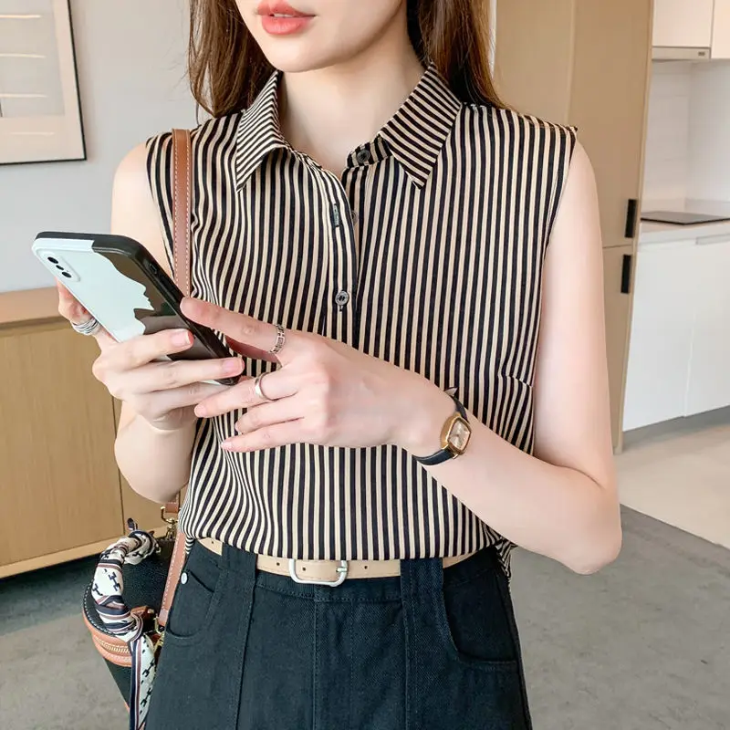 Simplicity Office Lady Summer Women\'s POLO Collar Button Striped Patchwork Fashion Casual Loose Sleeveless Chiffon Shirt Tops