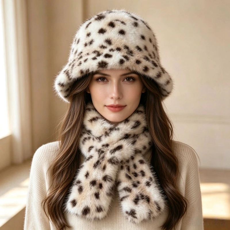 Winter Warm Fisherman Hat Scarf Set Plush Ear Flap Cap Two Piece Bobcat Style Outdoor