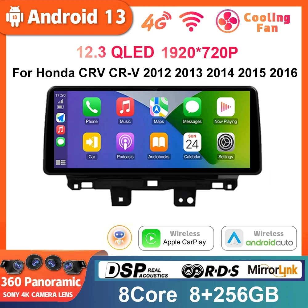 For Honda CRV CR-V 2012 2013 2014 2015 2016 12.3inch Car Multimedia Radio 1920*720 QLED Android13 Screen CarPlay video player