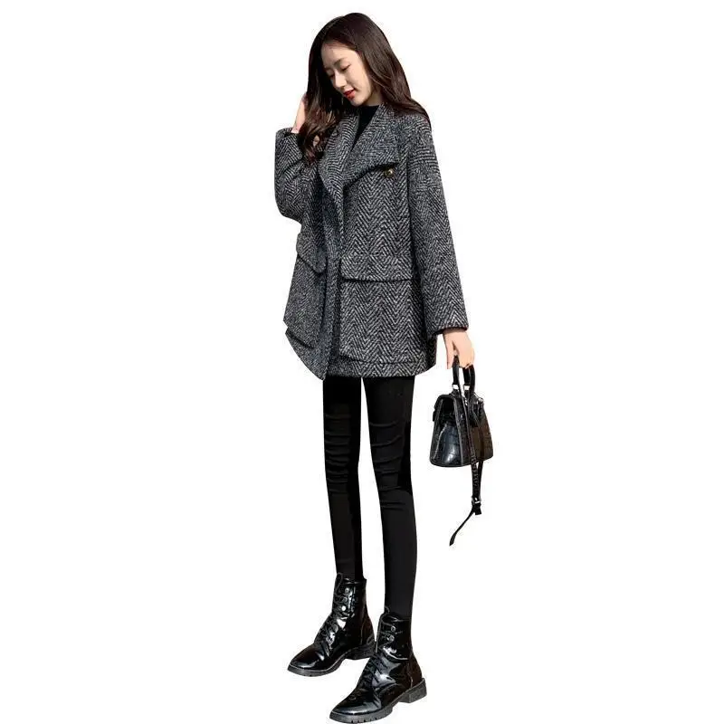 Gray Check Coats for Women Loose Wool & Blend Tweed Warm Plaid Velvet Blazer Woman Jacket Outerwears Winter Promotion Clothes