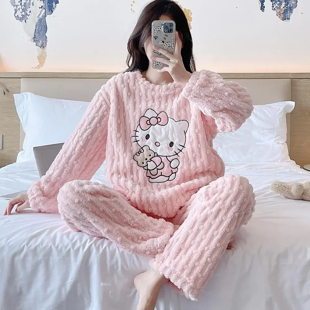 Cartoon Pochacco Women 2Pcs Plush Pajamas Set Sanrios Hello Kitty Anime Coral Velvet Homewear Kawaii Homewear Thicken Girls Cute