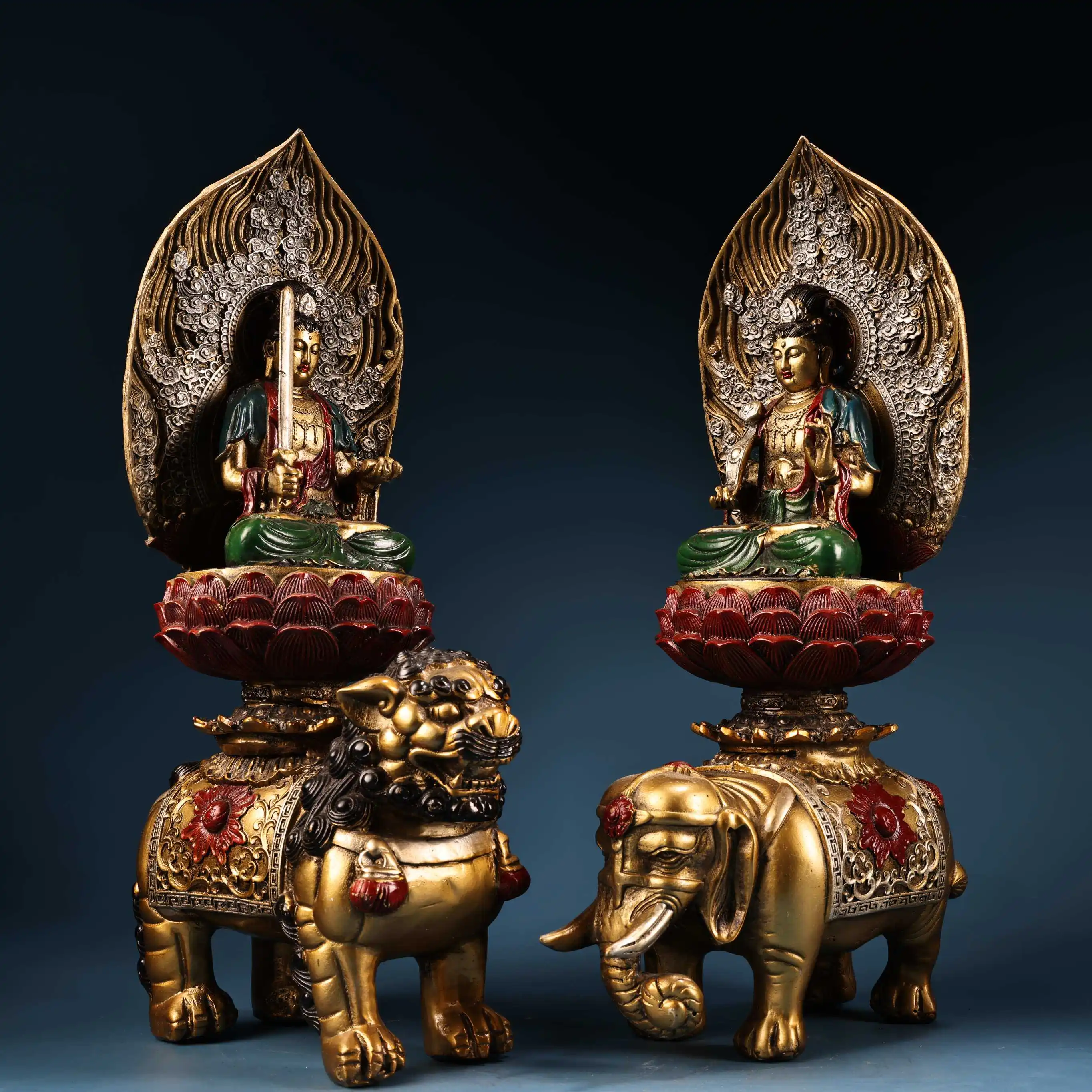 Handmade Tibetan Buddhist Pure Copper Vintage Manjusri and Samantabhadra Statue Pair Home Altar Ornament Gift
