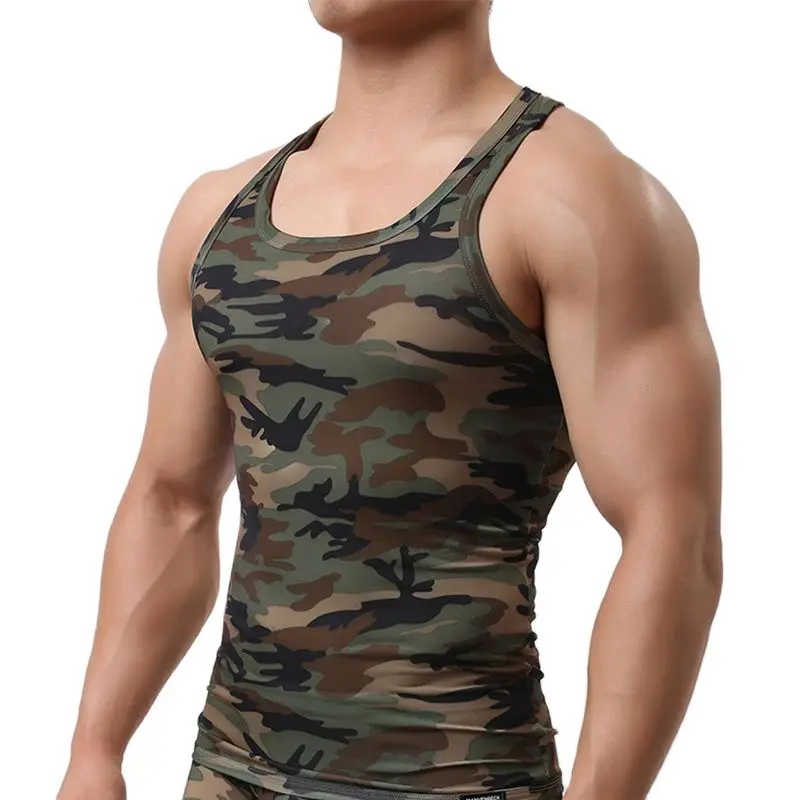 CLEVER-MENMODE Schnell Trocken Männer Tank Top Unterhemd Ärmelloses Shirt Fitness Camouflage Singulett Bodybuilding Weste Elastische Kleidung