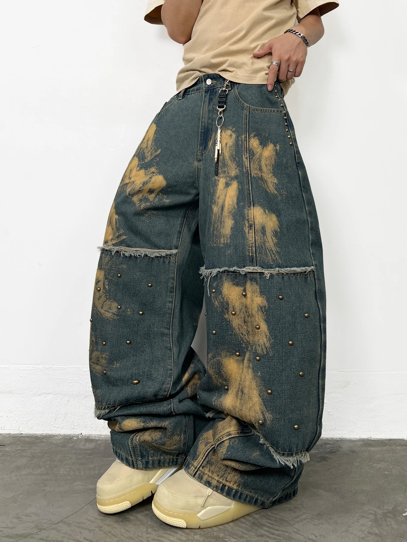 Men's Jeans Retro Blue Baggy Wide Pants, Trendy Y2K Streetwear Men's Denim Pants, Men's Casual Long Pants With Metal Studs