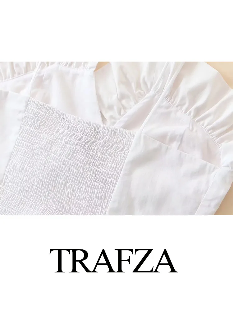 TRAFZA Summer Camis Woman 2023 Trendy White V-Neck Sleeveless Backless Ruched Elastic Waist Zipper Female Fashion Tank Tops