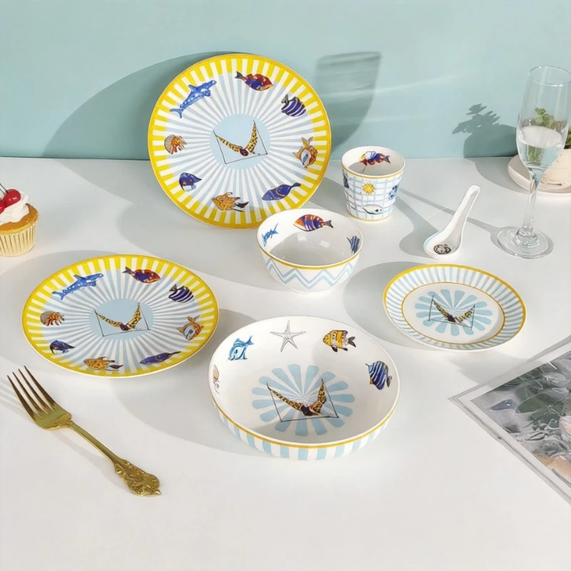 Ocean Series Tableware Six-Piece Set Children's Cute Bone China Rice Bowl Dinner Plate Breakfast Cup Gift