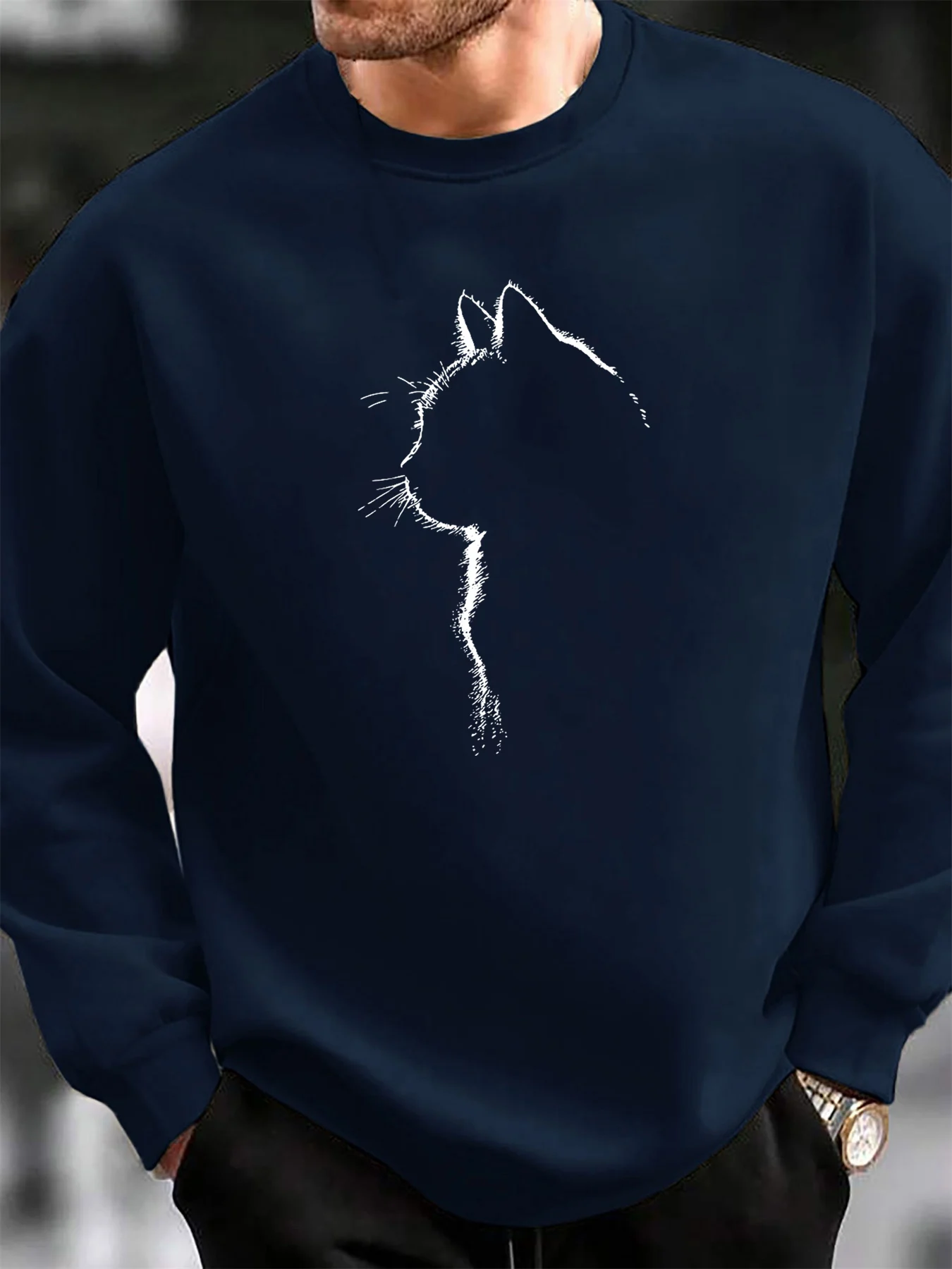 

Мужская осенне-зимняя повседневная свободная модная классическая толстовка с круглым вырезом и длинными рукавами с принтом кота