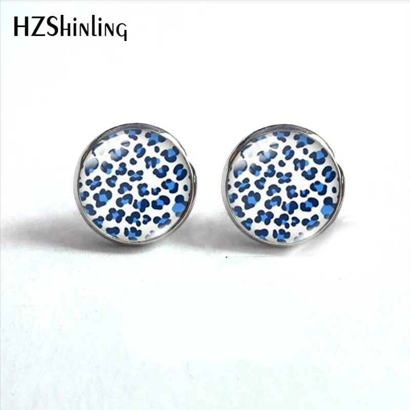 12mm Round Stud Earrings Animal Speckle Printings Pattern Glass Cabochon Stud Earrings Handmade Ear Jewelry for Women