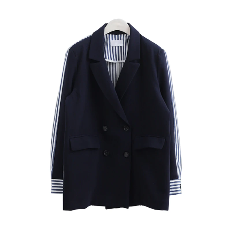 SuperAen 2024 Fashion Spring and Autumn Thin Casual Patchwork Jacket Women\'s Korean Stripe Blazer