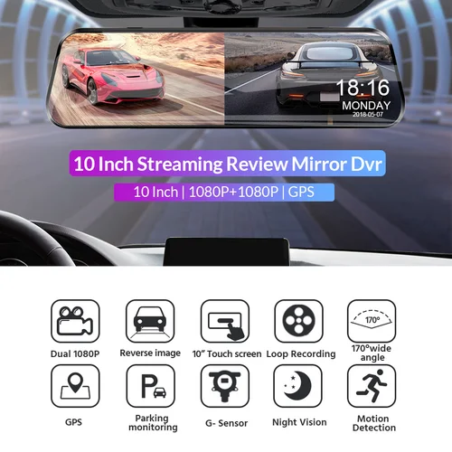 Imagen 2 del producto Grabadora de vídeo con pantalla táctil DVR para coche de 10 pulgadas, espejo retrovisor Dual 1080P, cámara de visión nocturna HD delantera y trasera