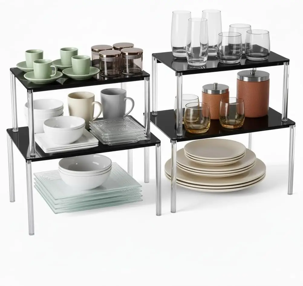 

Acrylic Spice Rack, 4-Pack Stackable Shelf Risers for Kitchen Pantry, Expandable Storage Organizer