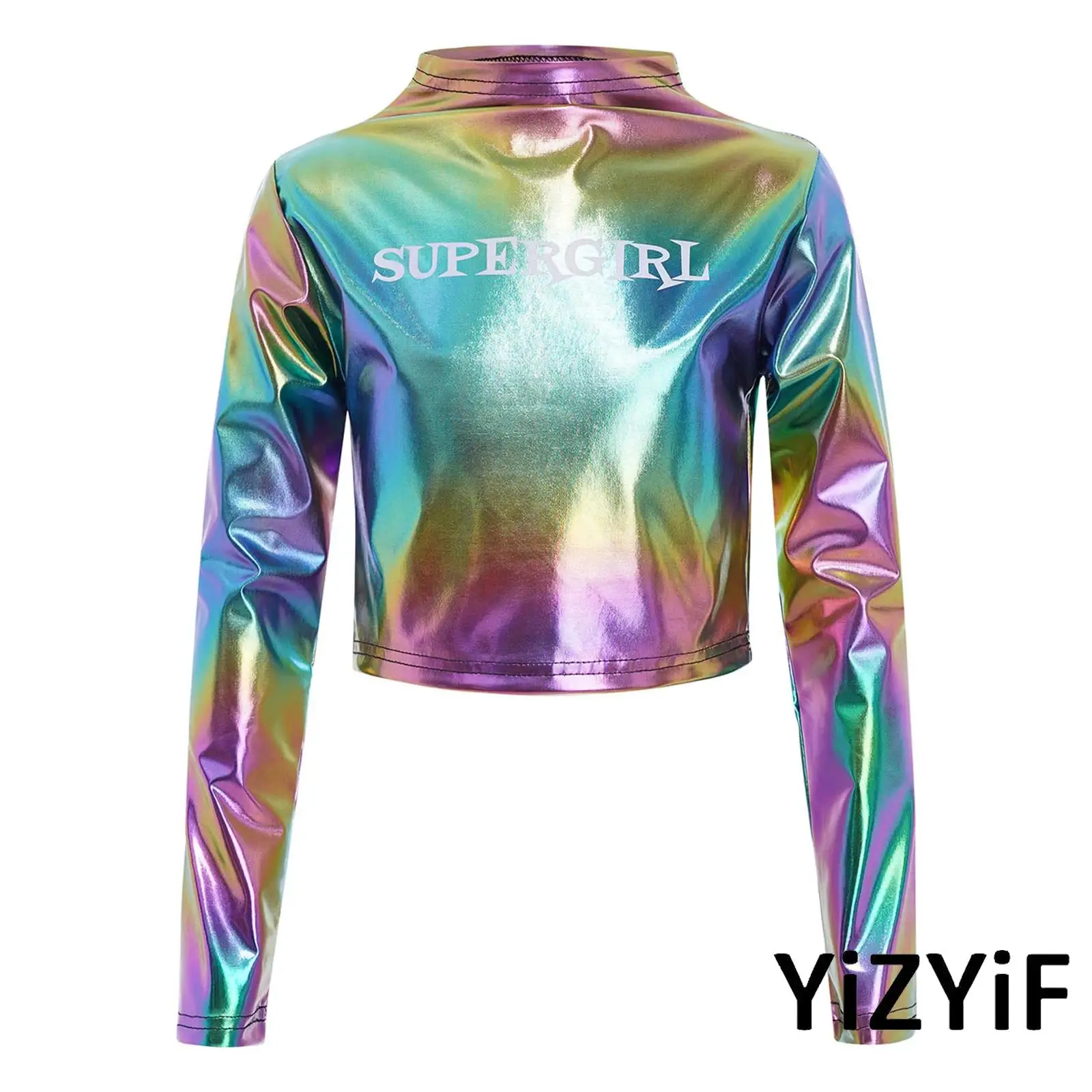 

Kids Girls Hip-Hop Jazz Dance Top Crew Neck Long Sleeve Letter Printed Metallic Shirt Top for Stage Party Performance Streetwear