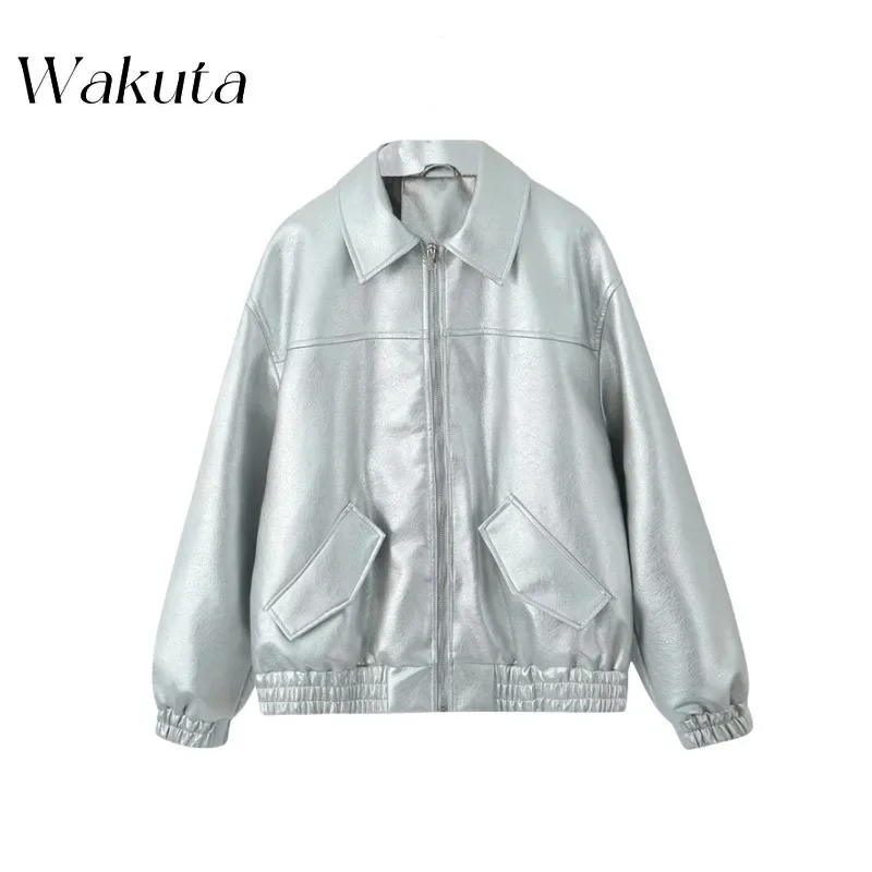 WAKUTA-Tops de couro sintético com gola clássica, manga comprida, solto, casual, retrô americano, básico simples, outono