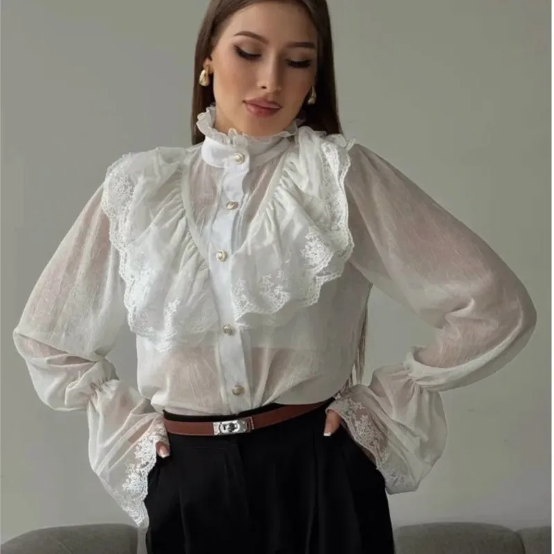 

Elegant Woman For Chiffon Shirt Spring Autumn Fashionable Applique Ruffled Edge High Neck Top French Palace Style Ladies Tops