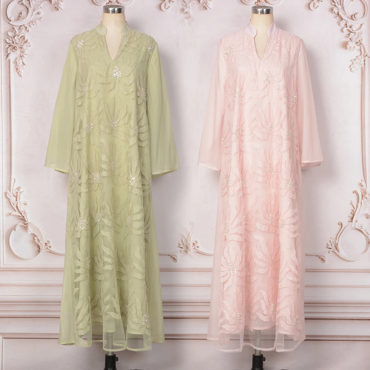 

Женская арабская джалабия/абайя для вечерних мероприятий на Рамадан и Ид, с бусинами, стандартного кроя, с V-образным вырезом спереди и воротником-стойкой, в исламском стиле Дубай