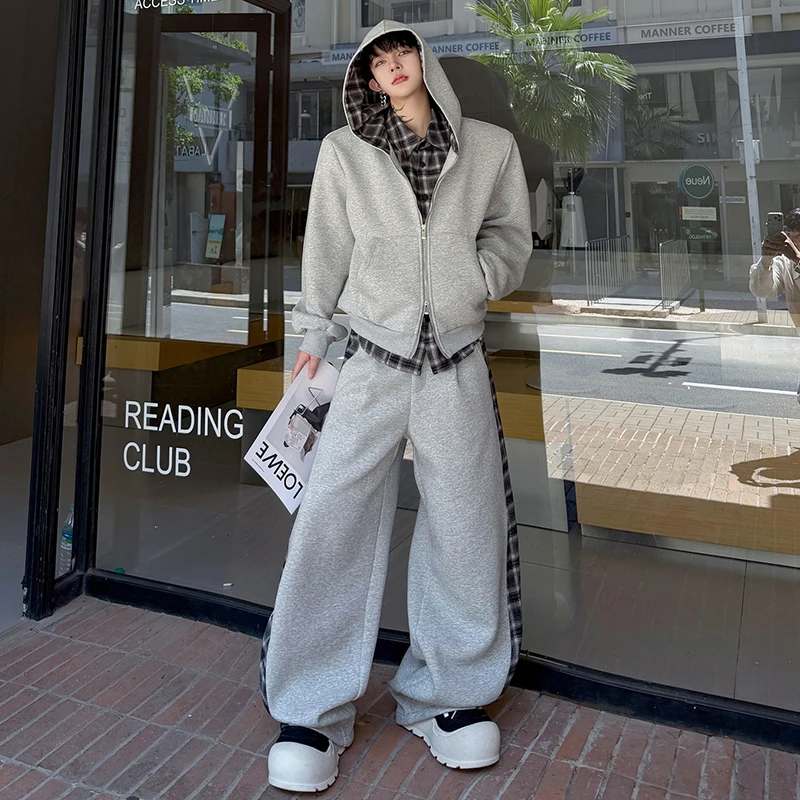 LUZHEN 2026 Autumn Checked Printed Patchwork Niche Design Two-piece Sets Men Fashion Hoodies Loose Straight Casual Pants JY8709