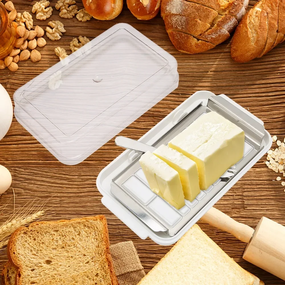 

Stainless Steel Butter Cutter Box Cheese Storage Container with Transparent Cover for Kitchen White Chassis, Butter cutting box