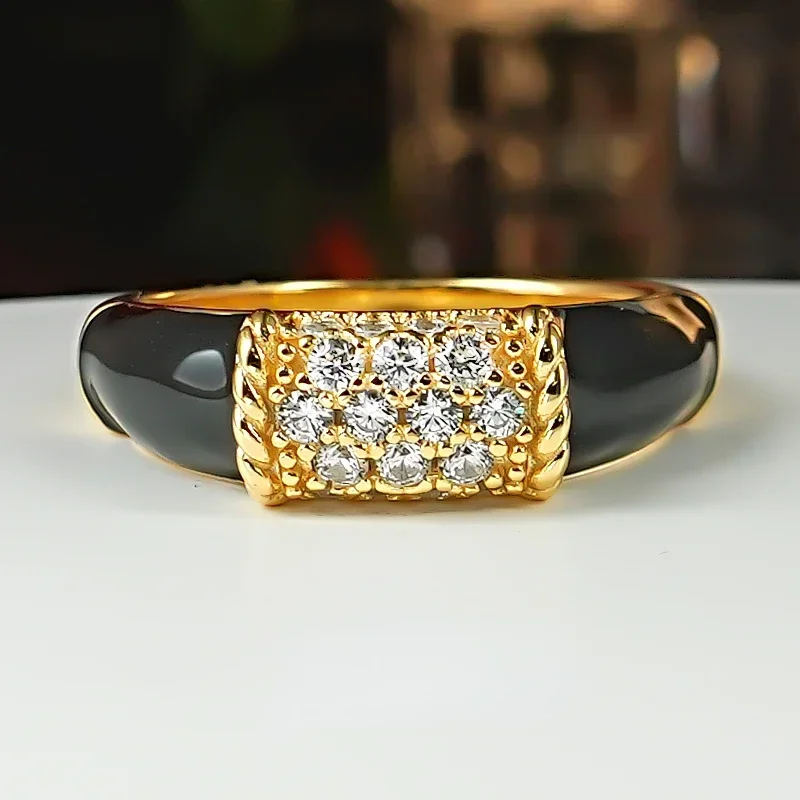 Middle ancient style with diamond studded black agate 925 silver ring, fashionable index finger, cold style, simple and cool