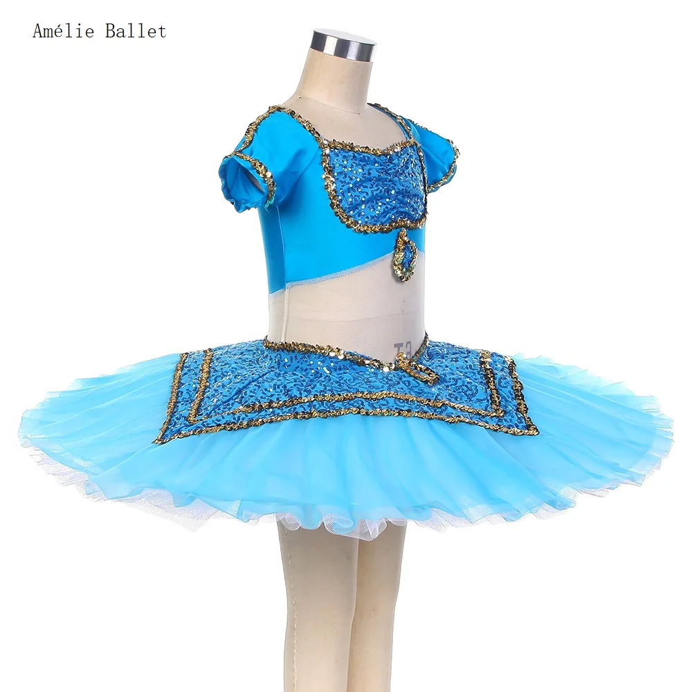 

BLL118 Short Sleeves Lake Blue Sequin Spandex Bodice Ballet Tutu Adult Child Stage Performance Dance Costumes