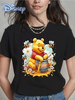 Disney Winnie The Pooh Women's T-Shirt Cotton Short Sleeve Cute Cartoon Print with Honey Pot and Flowers All Season Comfort Top