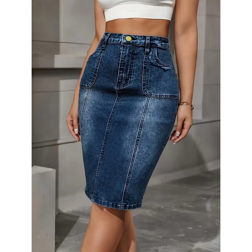 

Women's Simple Basic Denim Skirt, High-Waisted, Tummy-Tucking, Butt-Lifting, Slimming, Height-Enhancing, Fashionable and Versatile for All Seasons, Bodycon Skirt