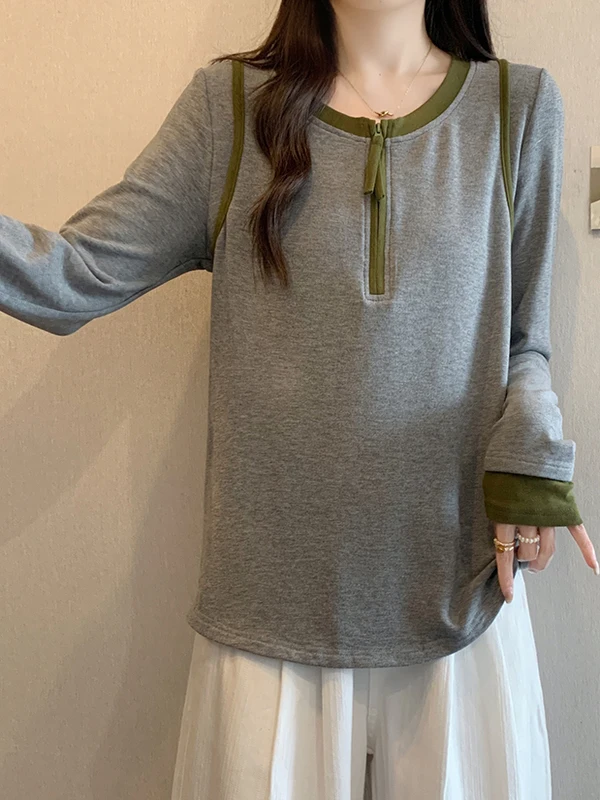 러브 도파인 롱 슬리브 티셔츠 여성용 컬러 블록 베이스 티셔츠 라지 사이즈 여성용 탑 지퍼 라운드 넥 풀오버