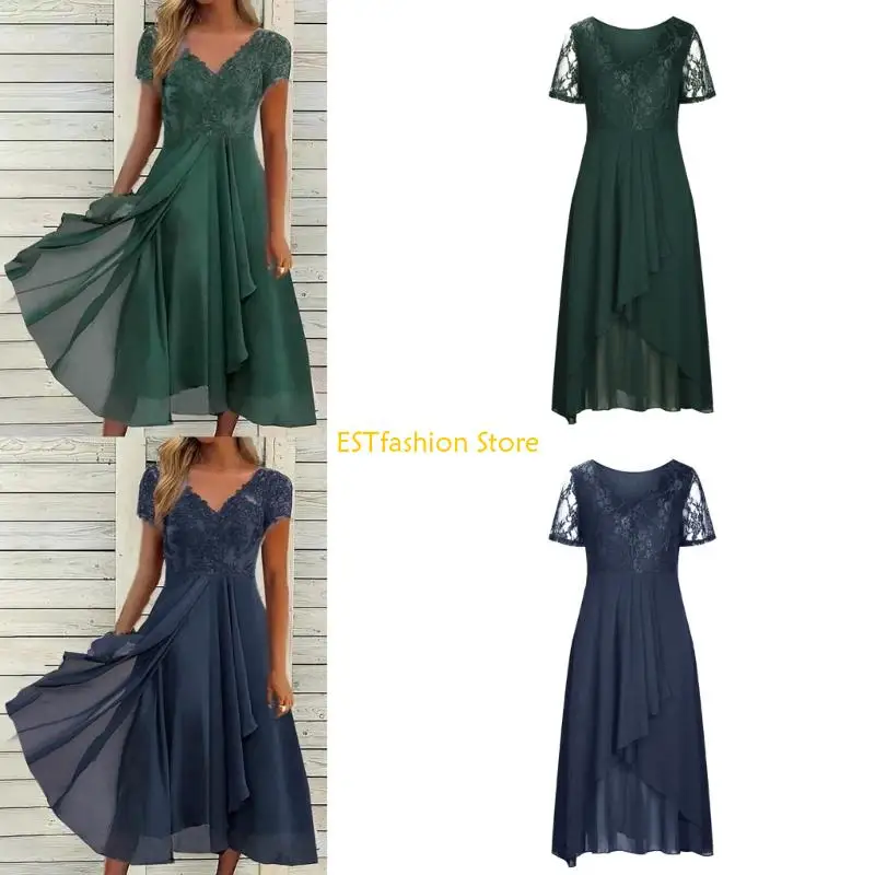 Váy chính thức của Y5GC Wome, Florals Lace Long Prom Váy ngắn tay V Cổ phù dâu váy cưới cho khách Maxi váy Maxi