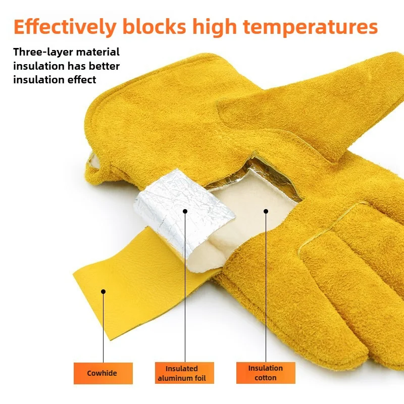 Short-Style Cowhide Gloves Heat-Resistant Up To 350°C Outdoor Camping Barbecue High-Temperature Protection Gloves Welder Gloves
