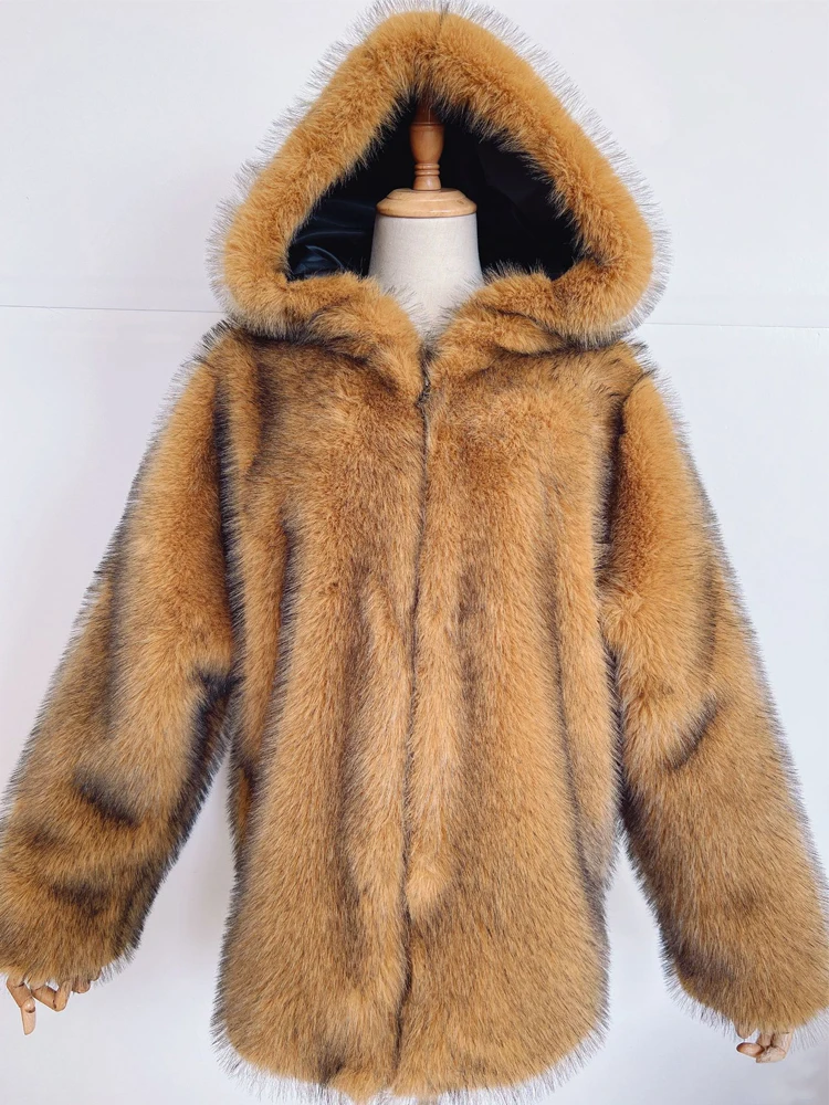 Chaqueta con capucha de piel de mapache para mujer, abrigo peludo grueso, ropa de abrigo cálida, chaqueta mullida de piel sintética, invierno, 2023