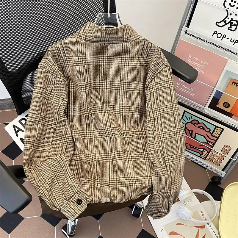 Autumn Winter Men's Plaid Jacket Harrington Sle Youth Fashion Classic Stand Collar Long Sleeve Coat for Teens And Young Adults