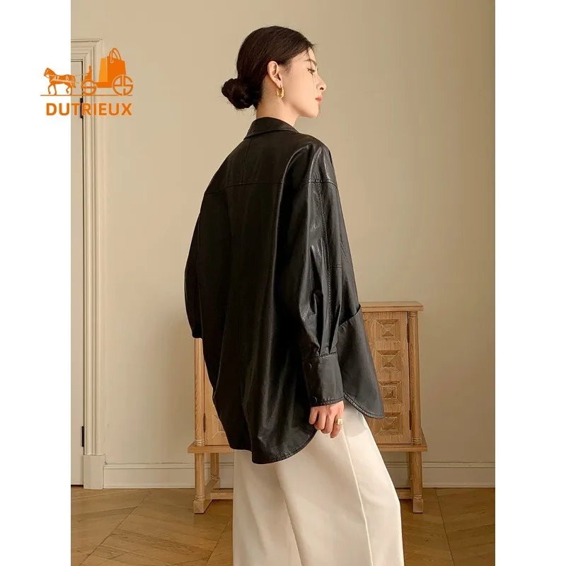 Veste en cuir véritable de Style chemise à revers à simple boutonnage, 100% peau de mouton véritable, manteau ample et décontracté pour femmes, automne et hiver