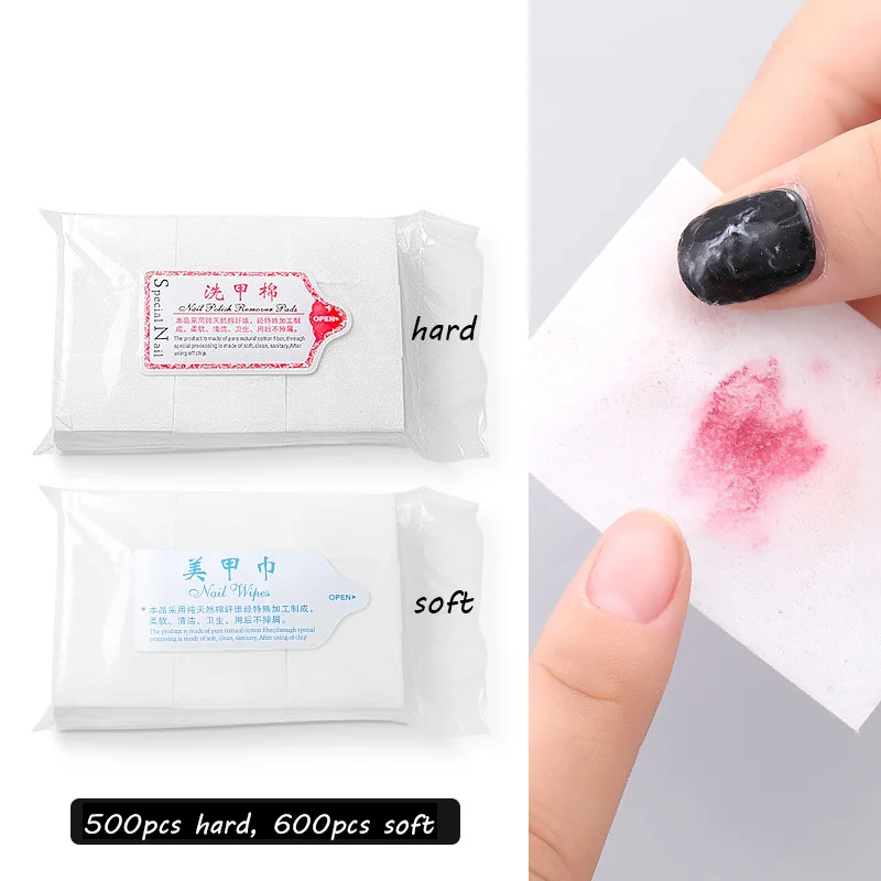 Nail Remover Wipes 500/600pcs Lint Free Cotton Pads Soft & Hard Types Nail Art Cleaning Paper for Gel Polish Manicure Tools