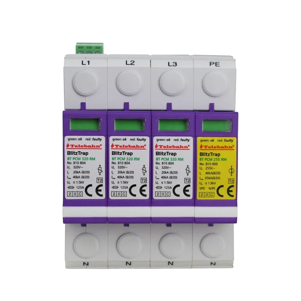 150V 275V 320V 385V AC T2 3P+N TT3+1 SPD 20kA 40kA KEMA-KEUR CE CB Power Low Voltage 3 Phase Surge Protector Arrester Device SPD