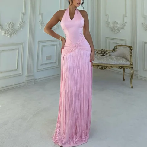 Customized V-neck Floor Length Pink Tassel Sleeveless Vestidos Elegantes Para Mujer Para Una Boda Kleider Damen Elegant שמלות