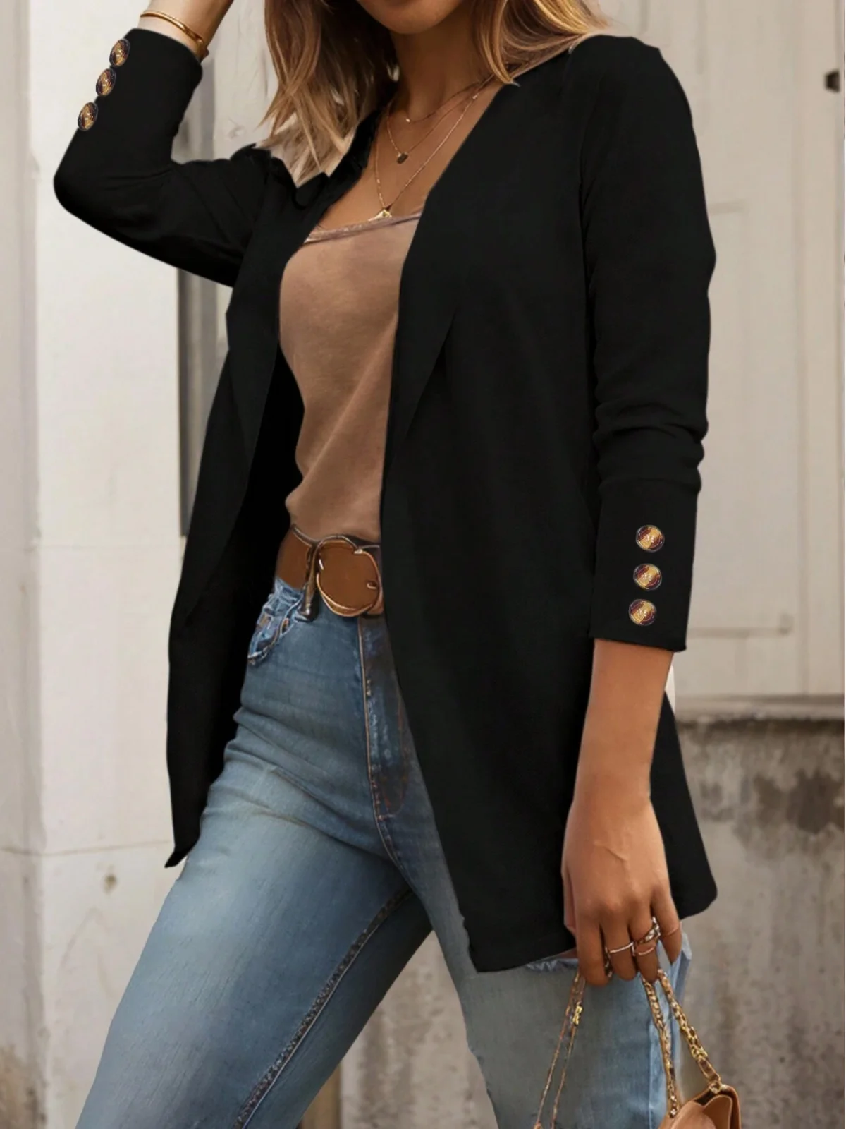 

Pure Color Long Sve Slim Fit Suit Jaet for Women Trendy Versatile Turn-down Collar Outerwear Perfect for Autumn Winter