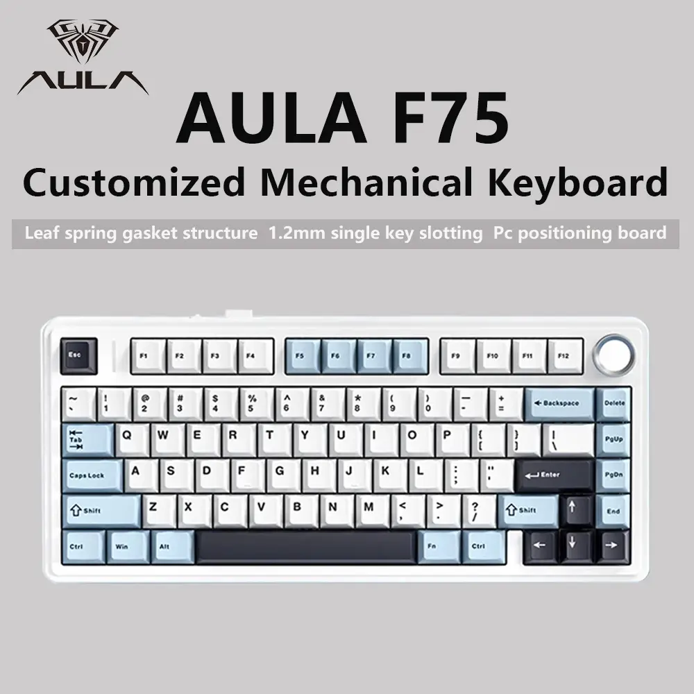AULA-F75 Teclado mecânico sem fio Gaming, Bluetooth, Com fio, RGB personalizado, 75% Layout Profile, Estrutura Junta, 2.4G